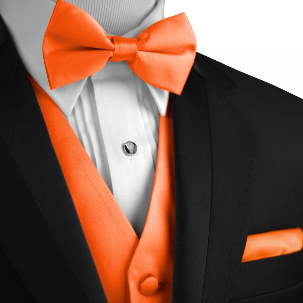 Men's Formal Wedding Prom Homecoming Tuxedo Vest Bow-Tie Hankie - Orange Satin